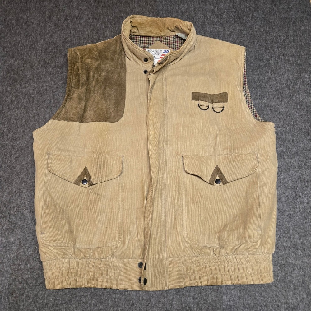 Vintage Eagles Ridge Shooting Vest Mens XL Tan Corduroy Suede Patch Plaid Lined